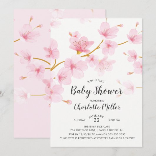 Invitation Baby shower floral cerise en fleurs (Devant / Derrière)