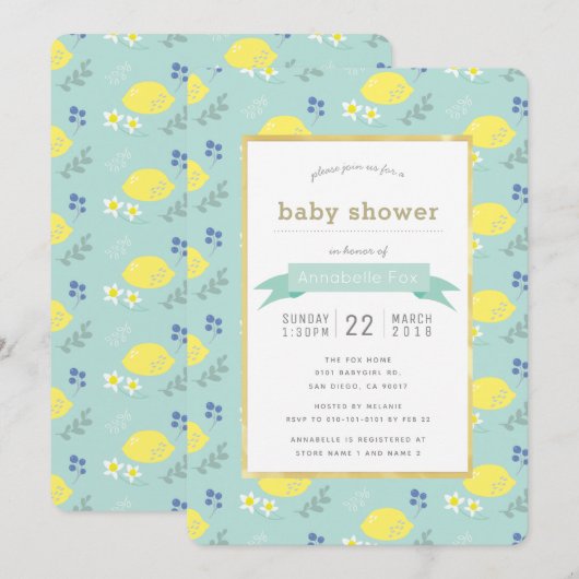 Invitation Baby shower Floral Citron vert Mint (Devant / Derrière)