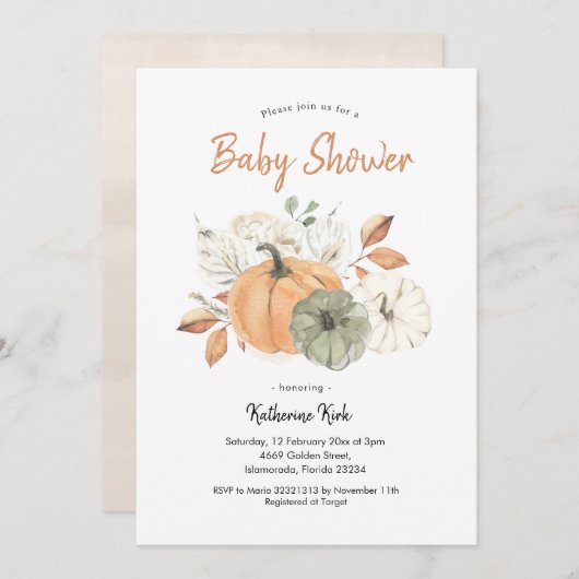 Invitation Baby shower floral Citrouille minimaliste simple (Devant / Derrière)