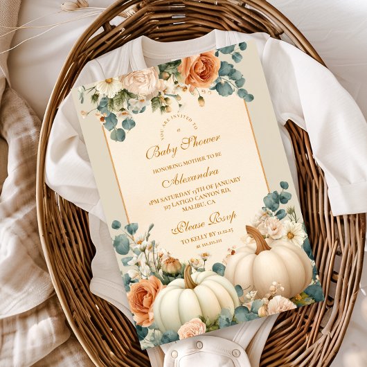 Invitation Baby shower floral Citrouille rustique