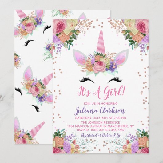 Invitation Baby shower floral clair Unicorn (Devant / Derrière)