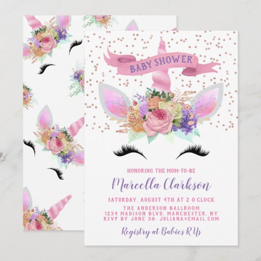 Invitation Baby shower floral clair Unicorn (Devant / Derrière)