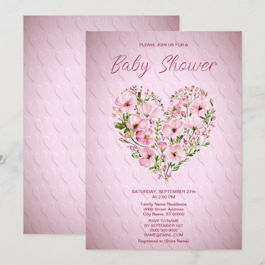 Invitation Baby shower Floral Coeur Rose (Devant / Derrière)
