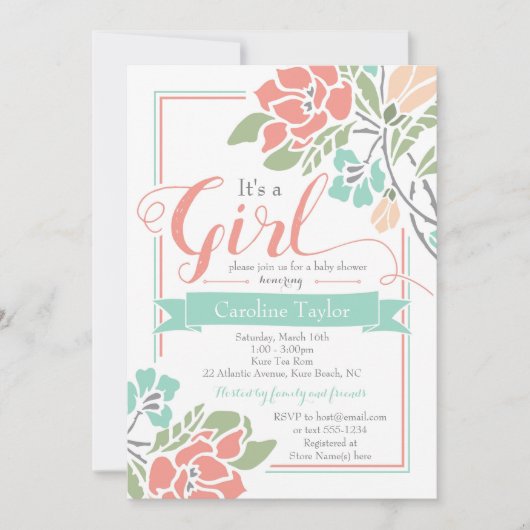 Invitation Baby shower floral - Corail et Turquois (Devant)