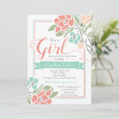 Invitation Baby shower floral - Corail et Turquois (Debout devant)