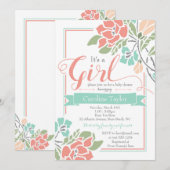 Invitation Baby shower floral - Corail et Turquois (Devant / Derrière)