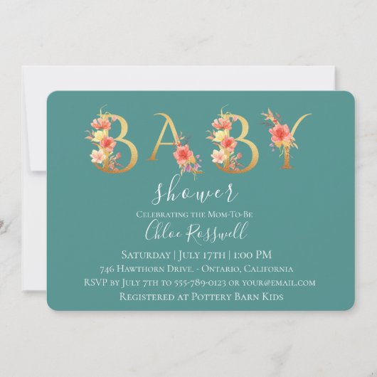Invitation Baby shower Floral Coucher d'or (Devant)