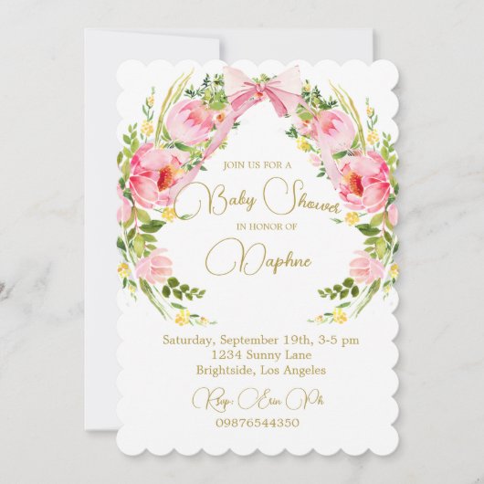 Invitation Baby shower Floral Crest Regency Pink Bow (Devant)