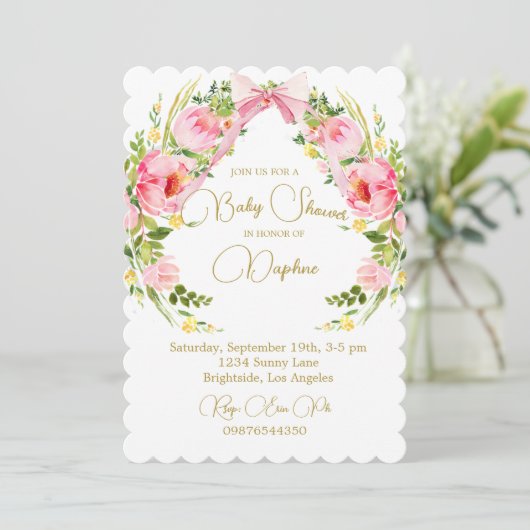 Invitation Baby shower Floral Crest Regency Pink Bow (Debout devant)