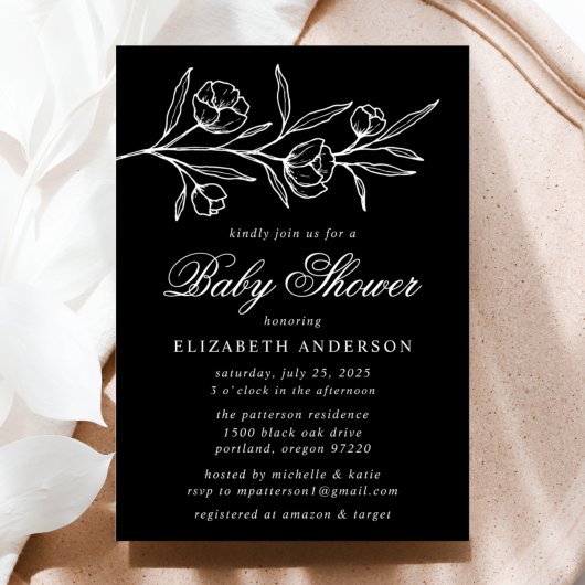 Invitation Baby shower floral croisé noir et blanc