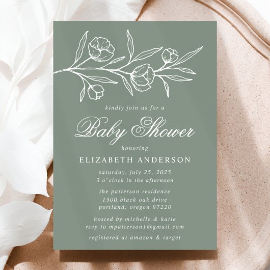 Invitation Baby shower floral croisé vert Sage