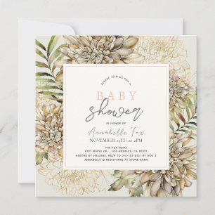 Invitation Baby shower Floral Dahlia Blanc & Or