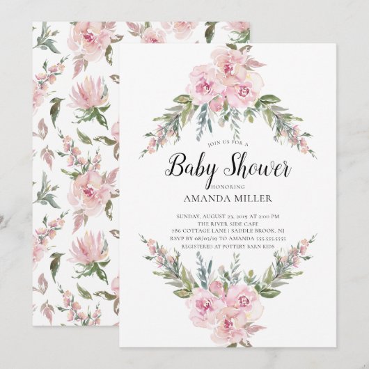Invitation Baby shower floral d'aquarelle (Devant / Derrière)