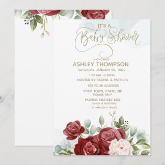Invitation Baby shower Floral d'aquarelle de Bourgogne