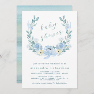 Invitation Baby shower floral d'aquarelle sensible du bleu