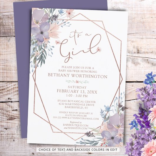 Invitation Baby shower Floral d'aquarelle violette