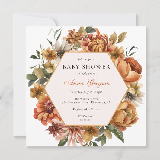 Invitation Baby shower Floral d'automne rustique (Devant)