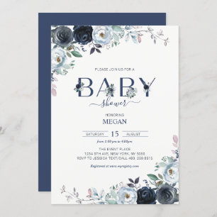 Invitation Baby shower Floral de Boho bleu marine
