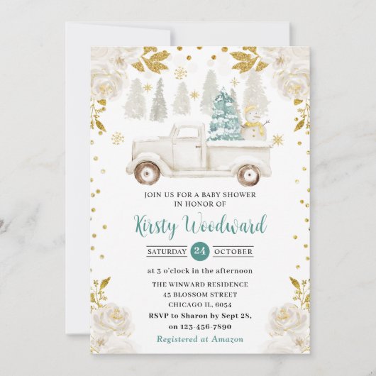 Invitation Baby shower Floral de camion blanc et or hiver (Devant)