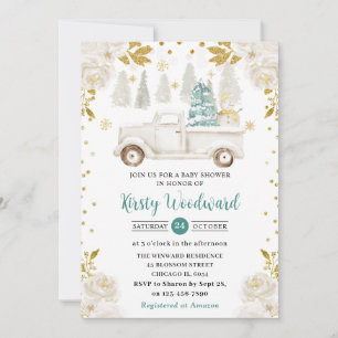 Invitation Baby shower Floral de camion blanc et or hiver