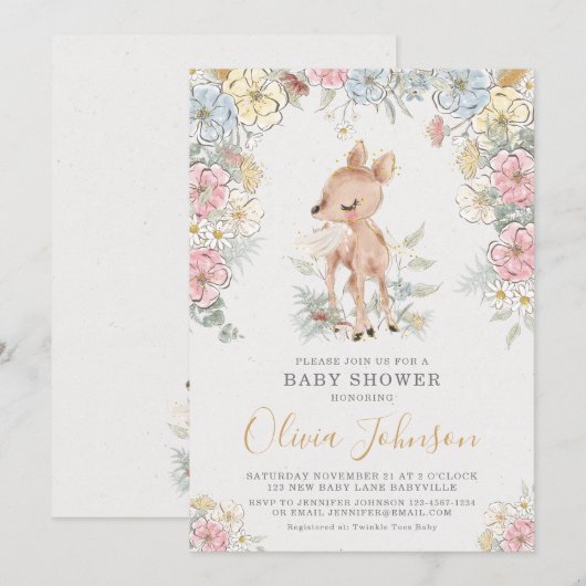 Invitation Baby shower floral de cerfs de bois (Devant / Derrière)