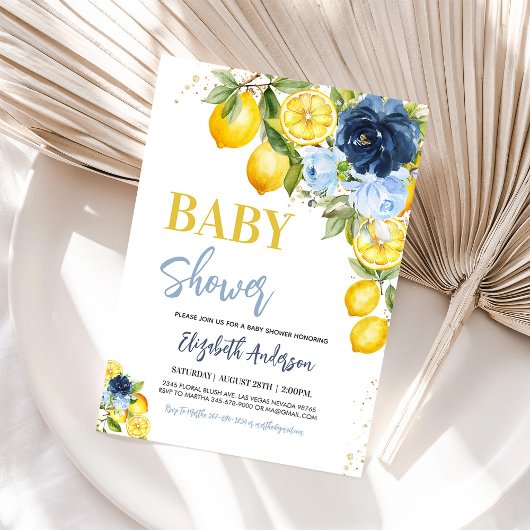 Invitation Baby shower floral de citron bleu marine