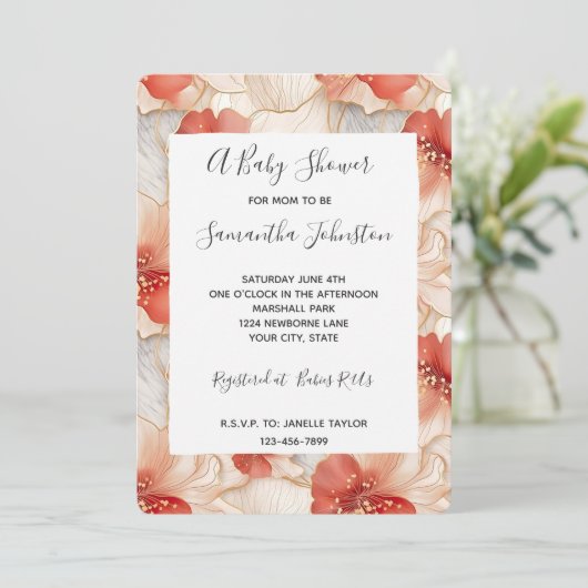 Invitation Baby shower floral de corail d'ivoire rouge (Debout devant)