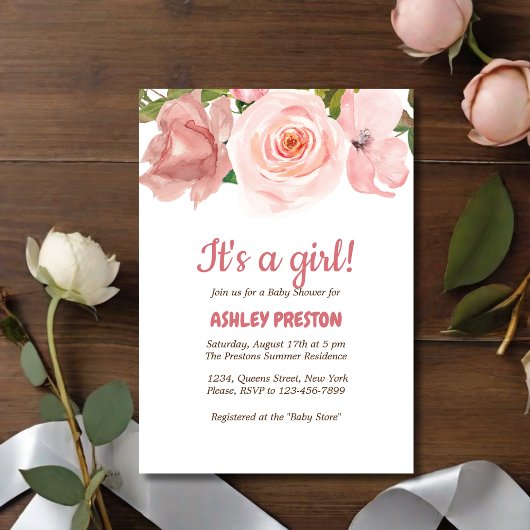 Invitation Baby shower floral de couleur Rose clair