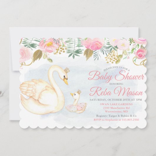 Invitation Baby shower floral de cygne (Devant)