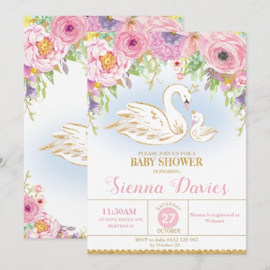 Invitation Baby shower floral de cygne (Devant / Derrière)