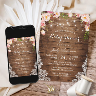 Invitation Baby shower floral de dentelle rustique