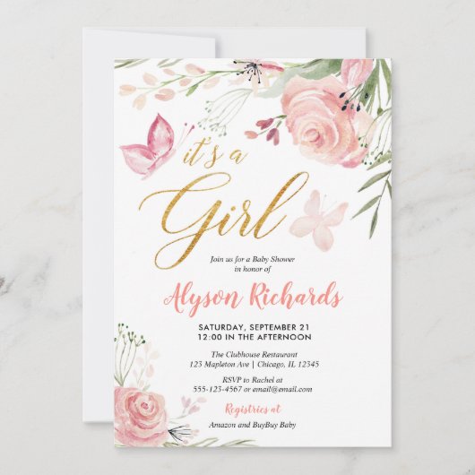 Invitation Baby shower floral de fille de papillon (Devant)