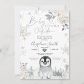 Invitation Baby shower floral de flocons de neige blanc créme (Devant)