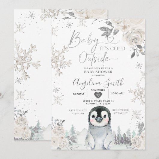 Invitation Baby shower floral de flocons de neige blanc créme (Devant / Derrière)
