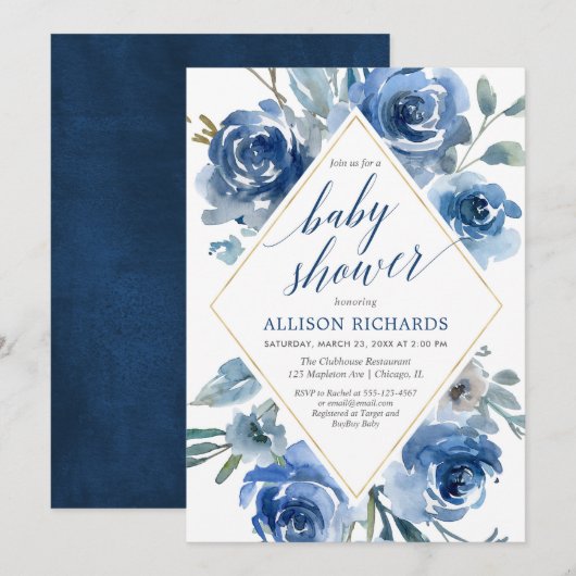 Invitation Baby shower floral de garçon d'aquarelle d'indigo (Devant / Derrière)