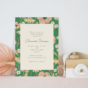 Invitation Baby Shower Floral de jardin vert rose vintage