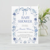 Invitation Baby shower Floral de la Chinoiserie Bleue (Debout devant)
