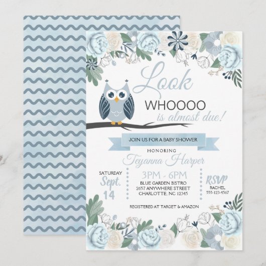 Invitation Baby shower Floral de la Chouette bleue (Devant / Derrière)