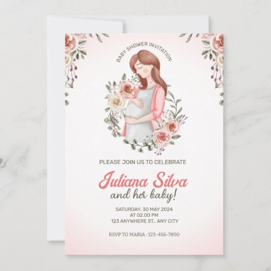 Invitation Baby shower floral de la femme rose (Devant)