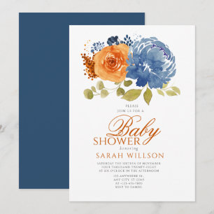 Invitation Baby shower floral de la marine Blue Orange Boho F