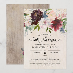 Invitation Baby shower floral de la marine de Bourgogne rusti