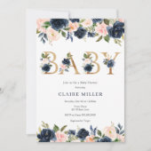 Invitation Baby shower floral de la Marine et de Blush (Devant)