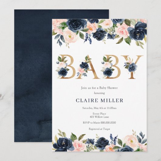 Invitation Baby shower floral de la Marine et de Blush (Devant / Derrière)