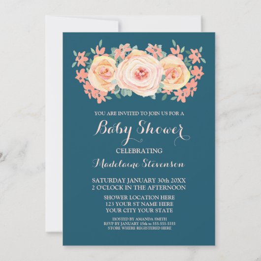 Invitation Baby shower Floral de la Pêche Bleue Marine (Dos)