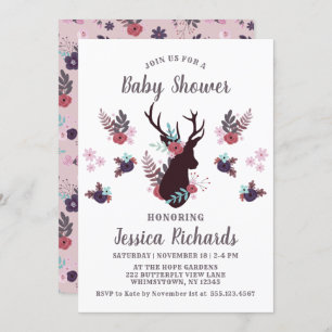 Invitation Baby shower floral de la tête de cerf rustique Mau