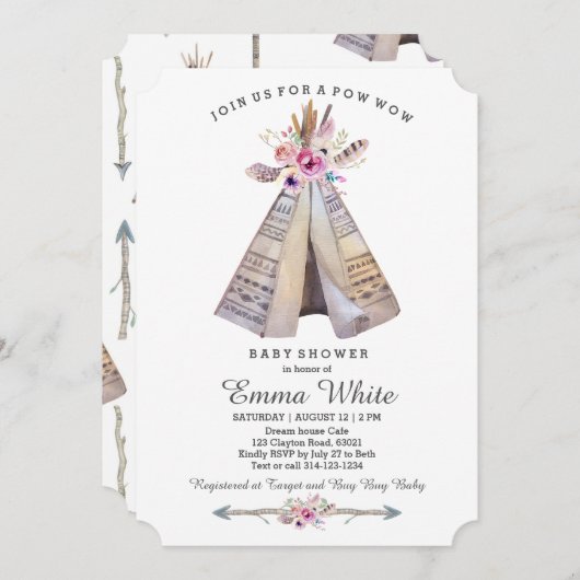 Invitation Baby shower floral de la tribu Boho Teepee (Devant / Derrière)