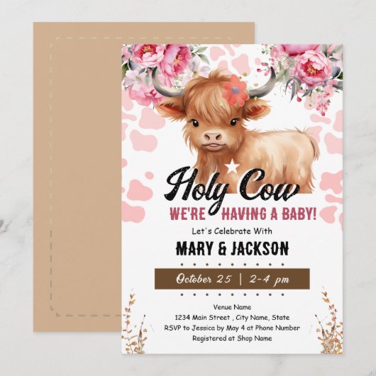 Invitation Baby shower Floral de la Vache Sainte (Devant / Derrière)