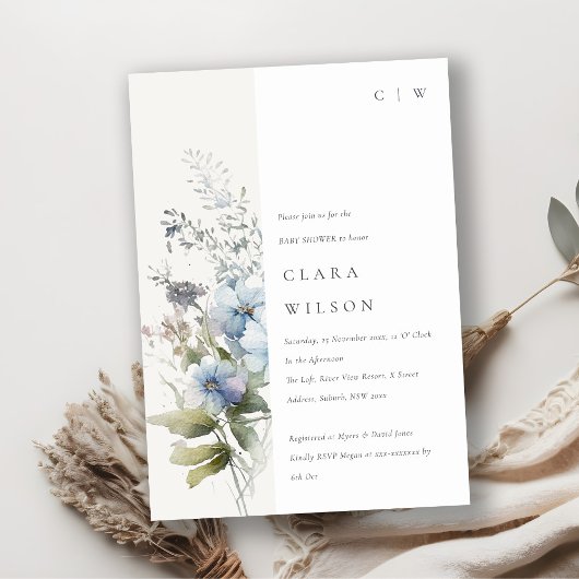 Invitation Baby shower floral de l'aquarelle bleu de Dusky