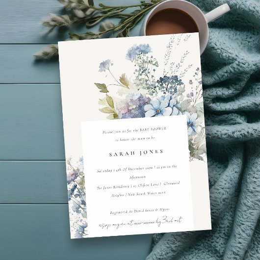 Invitation Baby shower floral de l'aquarelle bleu de Dusky