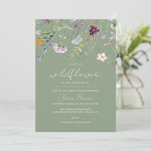 Invitation Baby shower Floral de Little Fleur sauvage Sage (Debout devant)